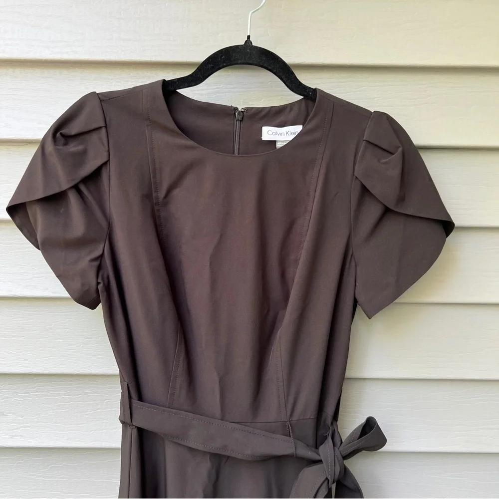 Calvin Klein Tulip Sleeve Fit & Flare Midi Dress Black Women’s 4 Belted Waist - Picture 3 of 16